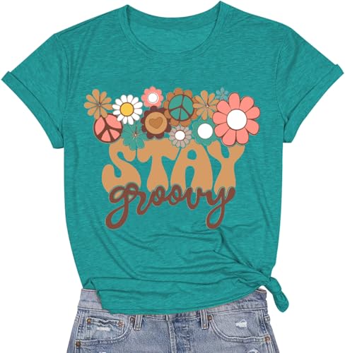 Retro Stay Groovy Shirt Women Cute Floral Tshirts Hippie 70s Short Sleeve Tops A-Green