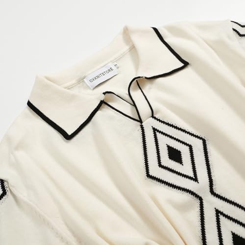OXKNIT Mens White Apricot 60s V-Neck Polo Shirt Rhombic Pattern Knit Golf Polo