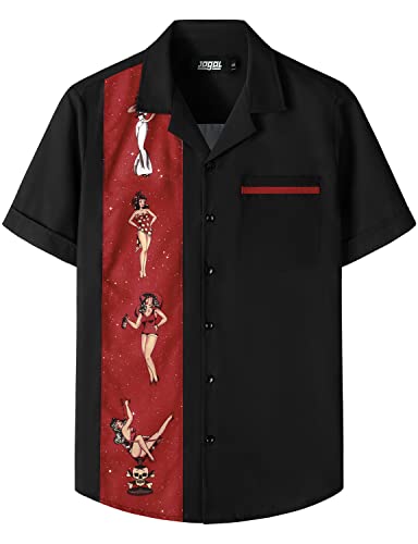 JOGAL Men's Bowling 50s Rockabilly Button Down Shirt Black Red X-Large