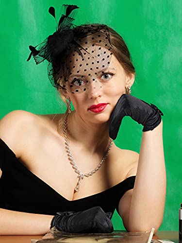 Geyoga 50s Fascinator Hat for Women Funeral Veil Hat Pillbox Cocktail Tea Party Headpiece and Lace Glove(Black,Elegant Style)