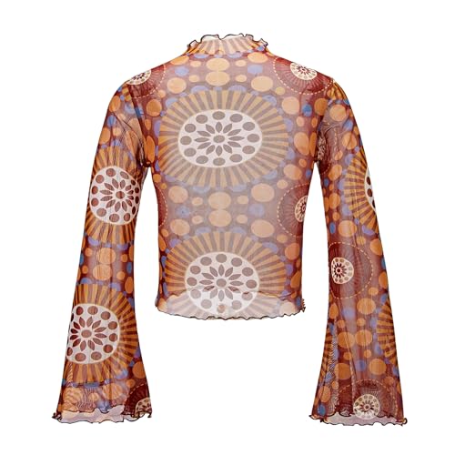 Durio Disco Outfits 70's Bell Sleeve Top for Women Vintage 70s Shirts Mock Neck Sleeve Top Sheer Mesh Long Sleeve Tops for Women Crop Top T Shirt Vintage Geometric Medium
