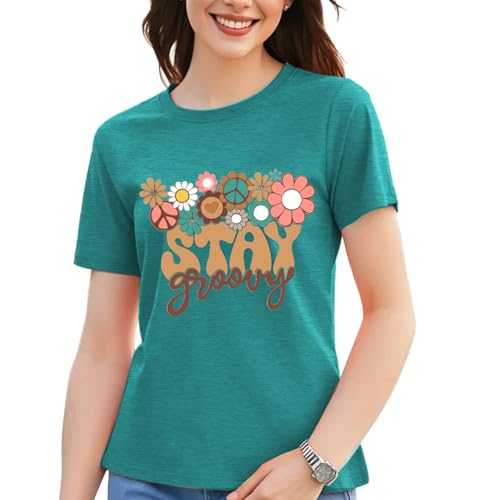 Retro Stay Groovy Shirt Women Cute Floral Tshirts Hippie 70s Short Sleeve Tops A-Green