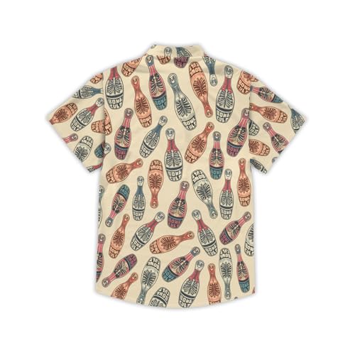 Men's Vintage Bowling Hawaiian Shirts Lined Skull and Beer Bottle Print Button Down Bowling Nights for Bar Parties