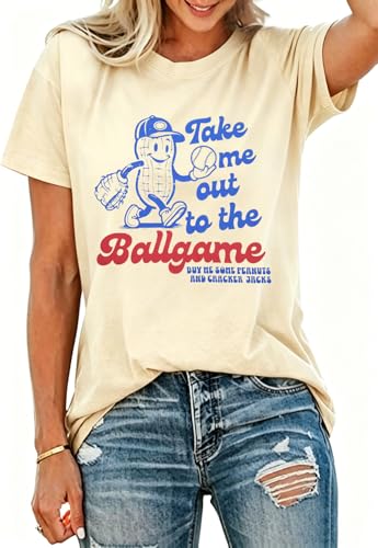 Baseball Shirts for Women Vintage Peanut Cartoon Ballgame Graphic Tee Sports Fan Casual Short Sleeve Tshirt (Large, Apricot)