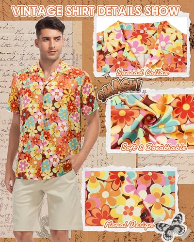 Zando Retro 70s Shirts for Men - Short Sleeve Button Down Casual Hippie Disco Outfit Top for Halloween Themed Party Prom Beach, Comfotable Quick Dry Funny Hawaiian Shirt (Orange Flower Large)