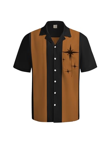 Hardaddy Men's Vintage Bowling Shirt 1950s Short Sleeve Casual Button Down Summer Beach Camp Collar Shirts Cameo Brown M