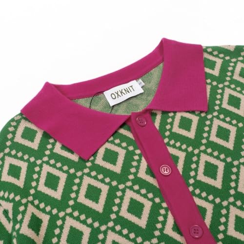 OXKNIT Men's Knit Short Sleeve Shirts Button Down 1960s Vintage Diamond Pattern Knitted Polo Shirt Green Cotton Polo