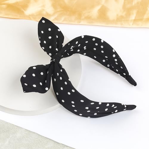 BYNYTO Black Polka Dot Bow Headbands for Women and Girls, Non-Slip Cute Bandana Hairband, Flexible Bunny Ear Wide Knotted Hair Hoop, Halloween Costume Retro 50s Hair Accessories
