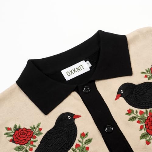 OXKNIT Men's Knit Short Sleeve Shirts Button Down Vintage Embroidery Bird and Flower Pattern Black Polo Shirt Knitwear