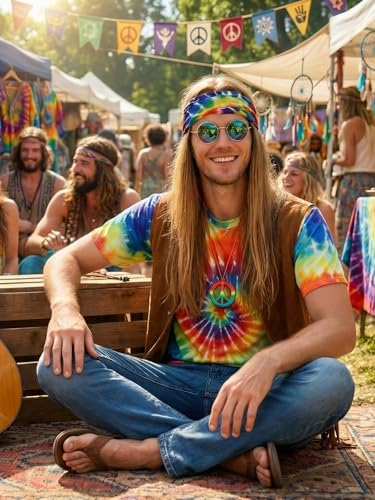 Treature Hippie Costume for Men 60s 70s - Tie Dye Shirt with Fringe Vest & Wig Set, Retro Outfit Complete with Headband for Carnival (7pcs Set, XL)