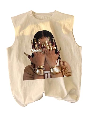 RoseSeek Retro Graphic Tank Top Summer Hippop Streetwear Tee Apricot