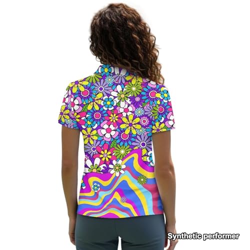 POLERO 70s Women's Golf Shirts Hippie Floral Workout Tops for Women Short Sleeve Collared Tennis Wear Moisture Wicking Groovy Retro Activewear Size L