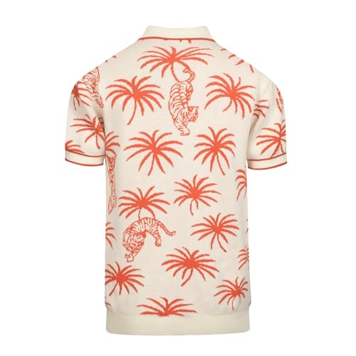 OXKNIT Men's Knit Polo Shirts, Retro Tiger Coconut Trees Pattern Short Sleeves Casual V-Neck Short Shirts, White