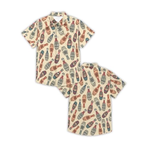 Men's Vintage Bowling Hawaiian Shirts Lined Skull and Beer Bottle Print Button Down Bowling Nights for Bar Parties