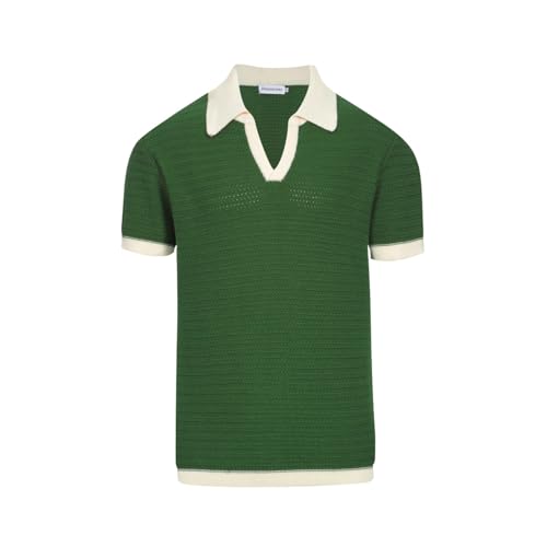 OXKNIT Mens Knit Polo Shirts Vintage Short Sleeve Golf Shirts Textured Retro Poloshirt White V-Neck