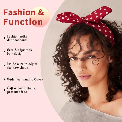 ELLOPH 6Pcs Polka Dot Headbands for Women with Adjustable Bow Classic Rosie The Riveter Headband Wide Knotted Hairband for 1950s Pin Up Outfits Cute Polka Dot Hair Accessories for Daily Workouts