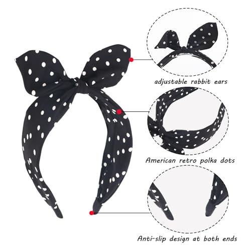 BYNYTO Black Polka Dot Bow Headbands for Women and Girls, Non-Slip Cute Bandana Hairband, Flexible Bunny Ear Wide Knotted Hair Hoop, Halloween Costume Retro 50s Hair Accessories