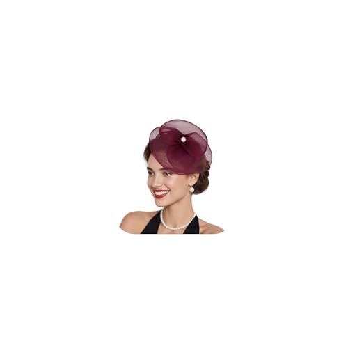 Vegolita Fascinator Hats for Women Tea Party Hat Flower Mesh Headband 20s 50s Vintage Hair Clip Headwear for Wedding Church Cocktail Wine Red