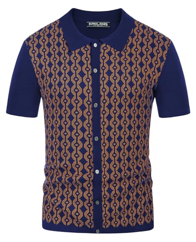 Men's Vintage 70s Polo Shirts Casual Short Sleeve Bowling Shirt Navy/Gold M