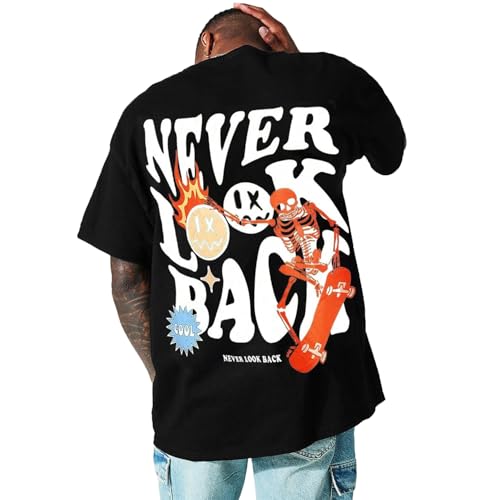 UOUA Mens Graphic Tees Vintage T-Shirts Oversized Skull Letter Print Casual Crewneck Cotton Top Cotton Short Sleeve Rapper Streetwear L