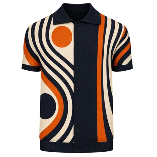 OXKNIT Button Down Knit Polo Shirts for Men, 1960s Retro Geometric Patterns and Stripes Multicolor Short-Sleeve Cardigan