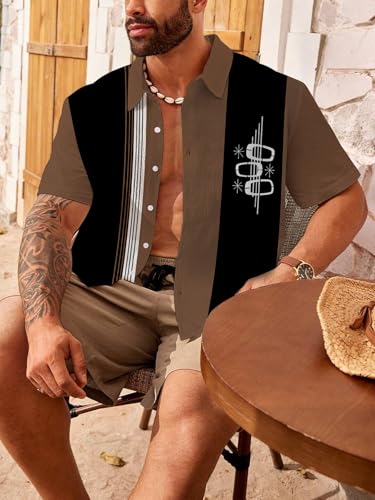 Generic Men's Vintage Bowling Shirts Short Sleeve Vintage Casual Printed Summer Beach Short Sleeve Button Down Shirt, Large, 0407 Brown