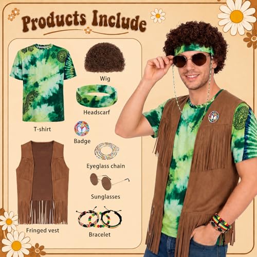 APHBPT 70s Outfits for Men - 10 Pcs Hippie Costume with Tie Dye Shirt, Fringe Vest & Accessories,60s/70s Retro Party Clothes (Green, 2XL)