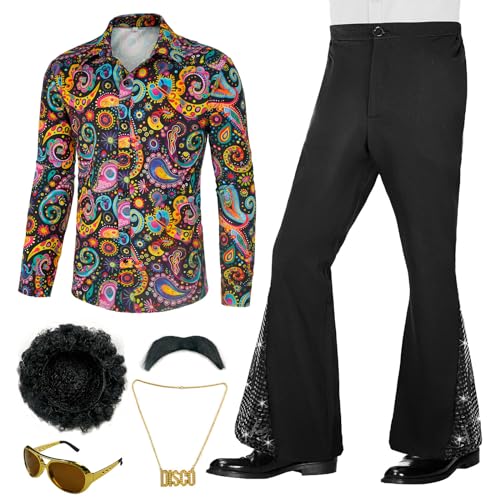 BONGZUO 70s Outfits for Men 6 Pcs Disco Costume with Bell Bottom Pants(Z3737STBK,XL)