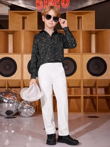 Haloumoning Boys Dress Shirt Button Down Shirts 70s Disco Costume Black