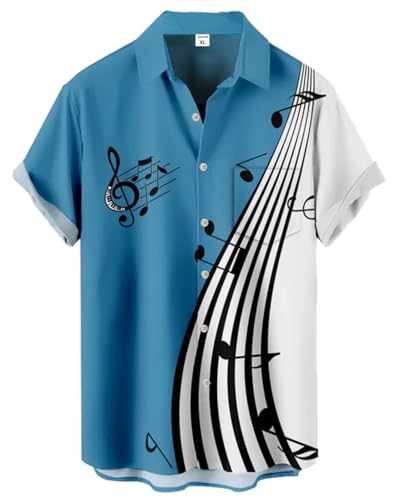 Gwnnb Bowling Shirts for Men Music Note Print Short Sleeve Casual Button Down Beach Retro Shirts