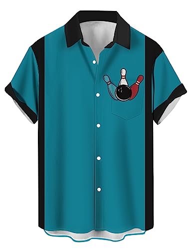 Mens Bowling Shirt Vinatge Holiday Leisure Retro Bowling Element Alphabet Pattern Hawaiian Style Printed Shirt Blue1 XL
