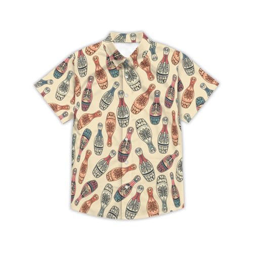 Men's Vintage Bowling Hawaiian Shirts Lined Skull and Beer Bottle Print Button Down Bowling Nights for Bar Parties