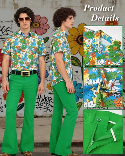 minkasic Mens 70's Disco Outfit Retro 70s Mens Hippie Costume for Adults 70's Theme Clothes for Parties Green XL