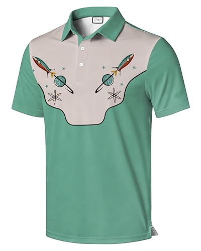 COOLLYME Retro Space Rocket Polo Shirt, Green and Beige, Short Sleeve, Polyester, Atomic Design, Regular Fit