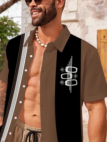 Generic Men's Vintage Bowling Shirts Short Sleeve Vintage Casual Printed Summer Beach Short Sleeve Button Down Shirt, Large, 0407 Brown