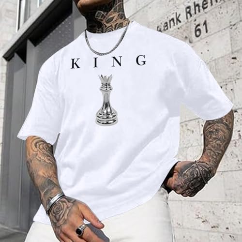 Kelxjia Men's King Chess Shirt Graphic Tees Designer Printed T Shirts for Men Urban Letter T-Shirt Streetwear(White,XL)