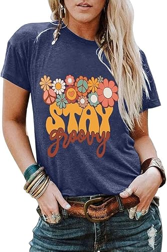 Retro Stay Groovy Shirt Women Floral Graphic Tee Hippie Vintage 70s Disco Peace Casual Short Sleeve Top Blue S