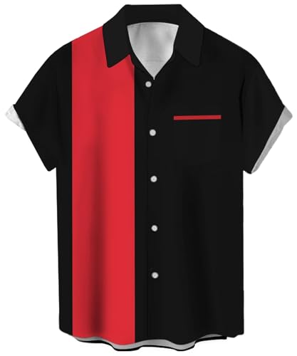Men's Vintage Bowling Shirt 1950s Retro Short Sleeve Button Down Shirts Red and Black