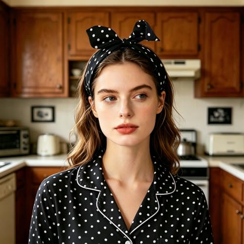 BYNYTO Black Polka Dot Bow Headbands for Women and Girls, Non-Slip Cute Bandana Hairband, Flexible Bunny Ear Wide Knotted Hair Hoop, Halloween Costume Retro 50s Hair Accessories