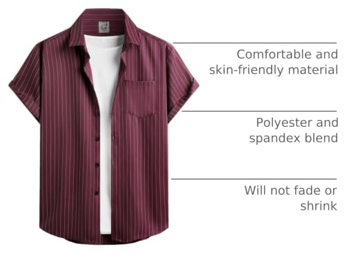 Hardaddy Men's Casual Striped Shirts Button Down Short Sleeve Blouse Summer Hawaiian Shirt Burgundy XXL