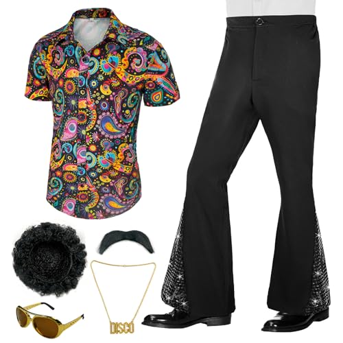 BONGZUO 70s Outfits for Men Retro 6Pcs Disco Costume with Accessories(Z3796YGBK,L)