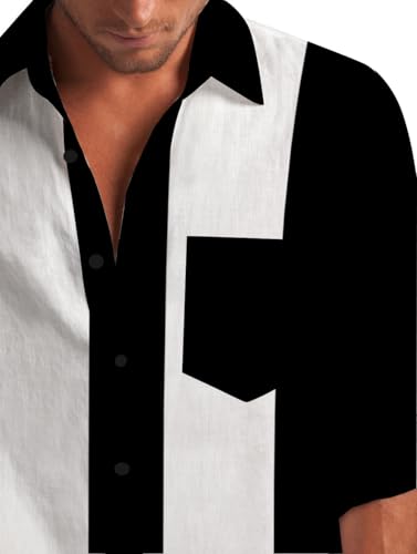 Men's Vintage Bowling Shirt Casual Long Sleeve Button Down Regular Fit Retro Shirt