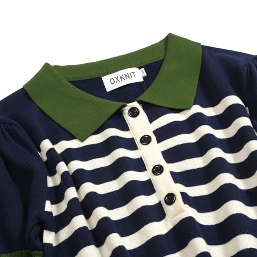 OXKNIT Women's Knit Polo Shirts Short Sleeve, 1960s Mod Style Retro Dark Blue Beige Stripes Tops with Quarter Button