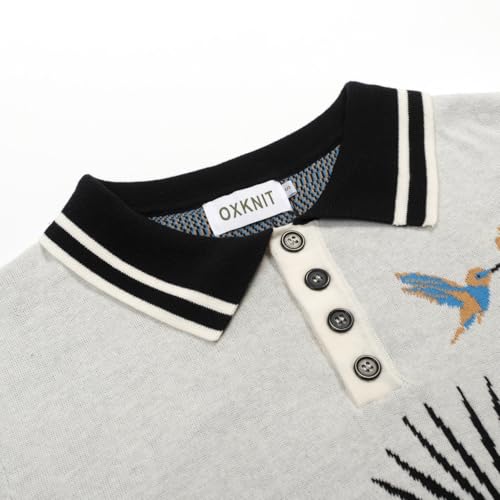 OXKNIT Men's Knit Short Sleeve Shirts Retro Knitted Polo Shirt Art Bird Pattern Beige Cotton Polo with Quarter Button