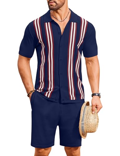 COOFANDY Men's 2 Piece Shirt Sets Vintage Knit Short Sleeve Button Down Polo Shirts Summer Beach Shorts Outfits
