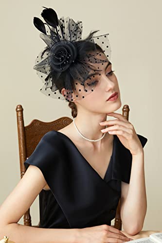BABEYOND Fascinator Hats for Women Tea Party Kentucky Headband Derby Wedding Flower Feathers Hair Clip Black