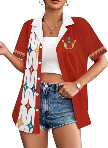 Bowling Shirt Women Bowling Lover Gift Vintage Bowling Hawaiian Top Red