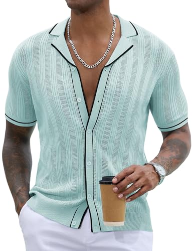 gigkik Men's Knit Button Down Shirt Short Sleeve Vintage Knitted Striped Summer Beach Tops Light Green S