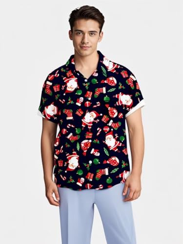 Gwnnb Christmas Bowling Shirts for Men Short Sleeve Regular Fit Retro Casual Button Down Holiday Hawaiian Shirts