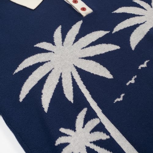 OXKNIT Men's Knit Short Sleeve Shirts Retro Knitted Polo Shirt Coconut Tree Pattern Dark Blue Polo with Quarter Button